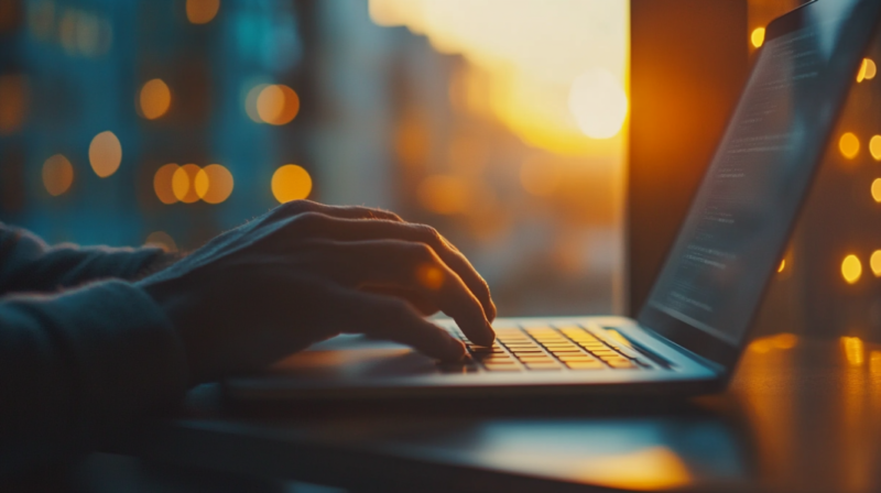 A Close-Up of A Person's Hands Typing on A Laptop Keyboard Against the Backdrop of A Sunset, Symbolizing the Creation of AI-Generated Text in A Serene, Ambient Environment