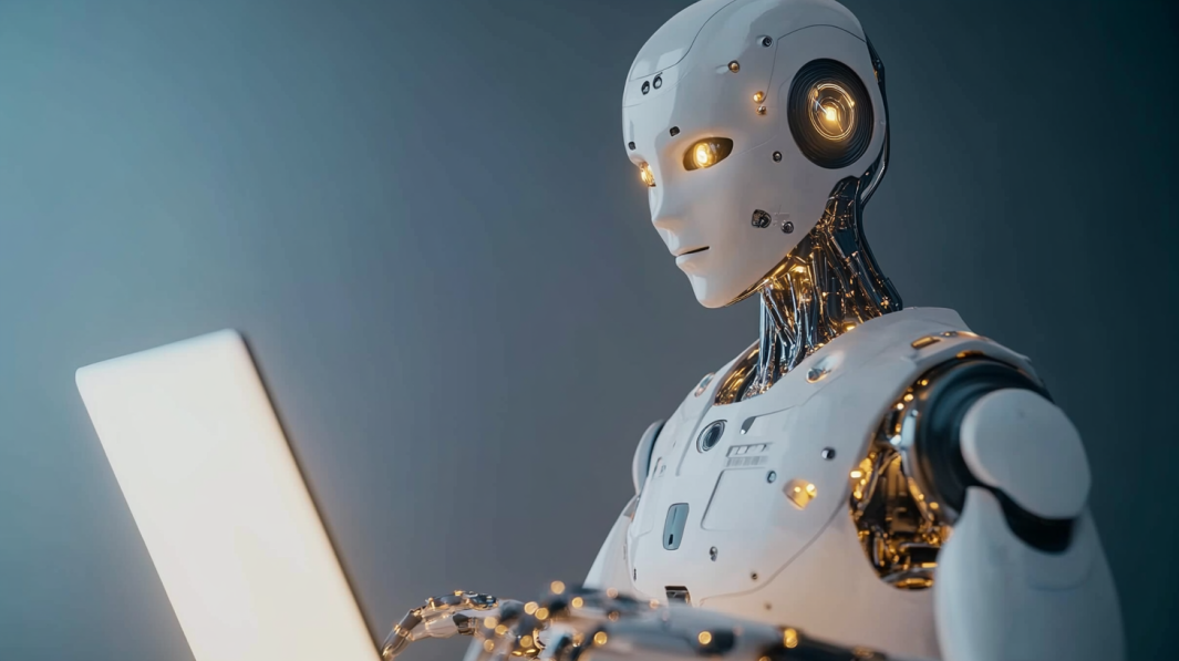 A Sleek Humanoid Robot with Glowing Eyes Is Intently Working on A Laptop, Symbolizing Advanced AI Technology and Its Role in Content Creation