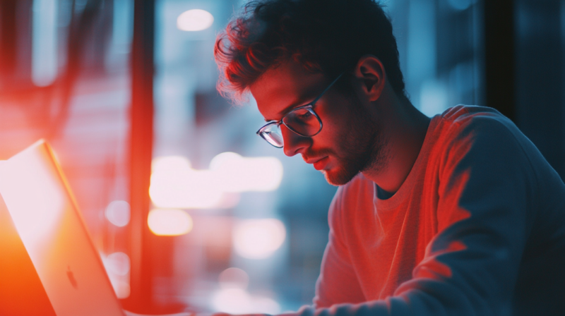 A Young Man Wearing Glasses Is Focused on His Laptop Screen in A Dimly Lit Environment with A Red and Blue Glow, Representing Concentration and The Process of Analyzing Content with AI Tools